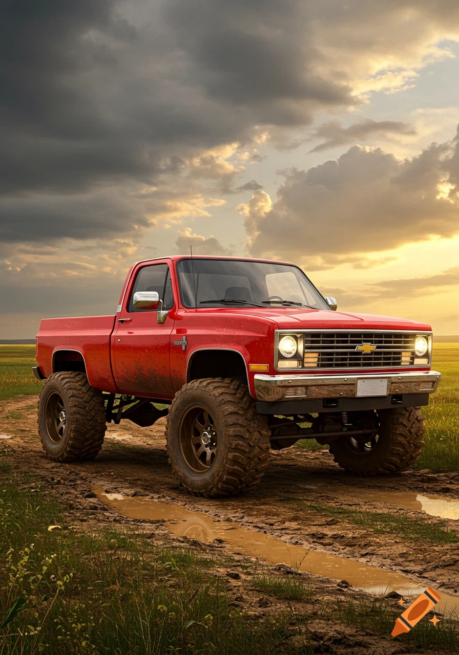 A red lifted Chevrolet pickup truck with mud tires on a muddy dirt road in a grassy field under a dramatic cloudy sunset sky.