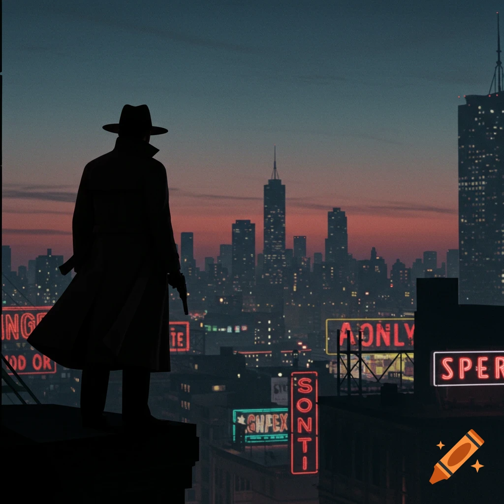 A silhouetted figure in a fedora and trench coat stands on a rooftop overlooking a neon-lit city at dusk, holding a gun.