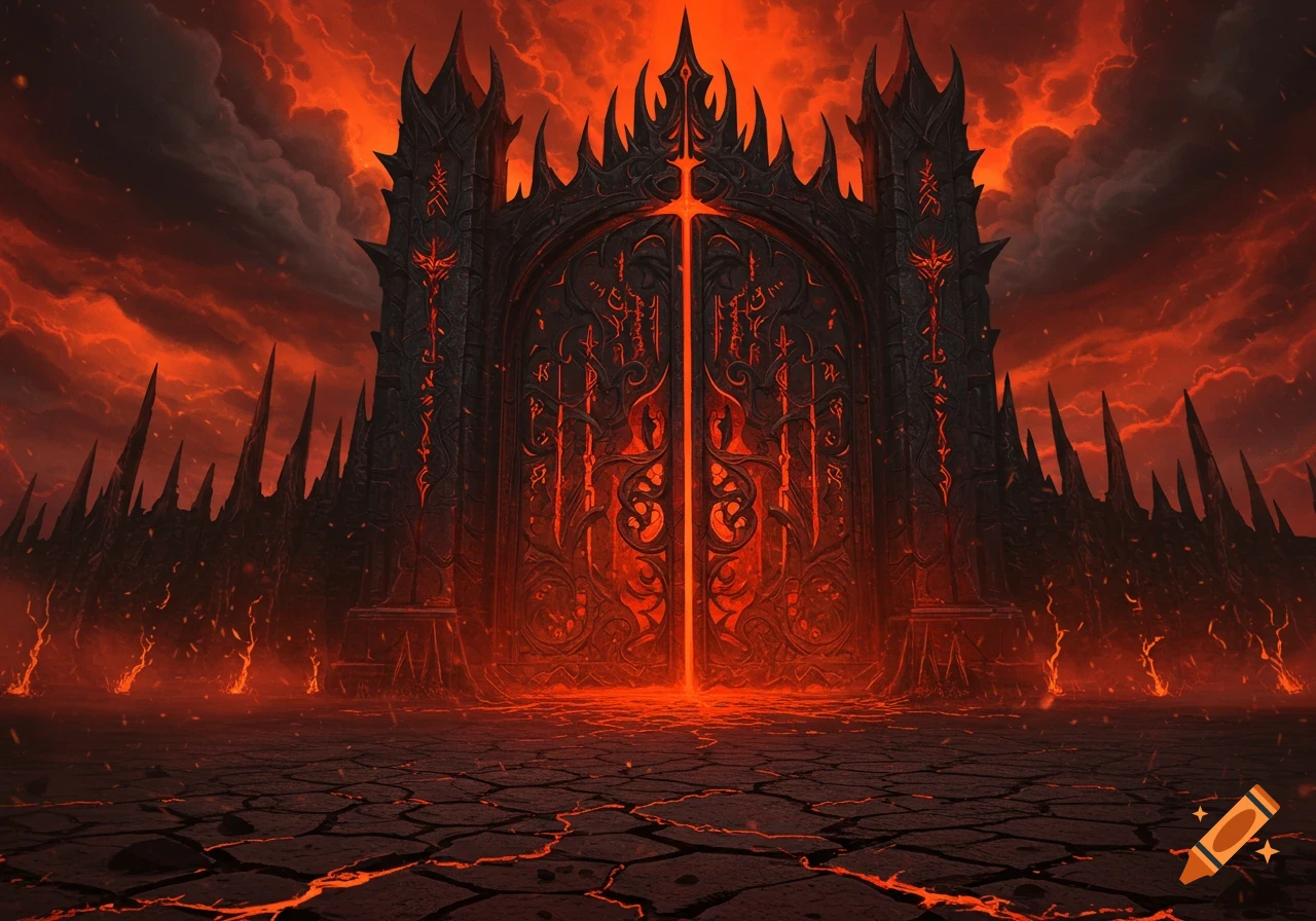 A massive, dark, ornate gate stands closed under a fiery red sky, with glowing cracks in the ground and spiky walls.