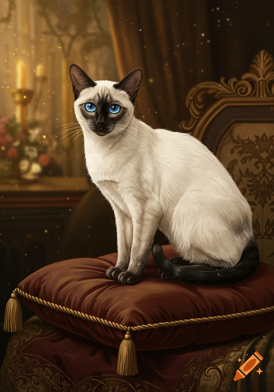A Siamese cat with blue eyes sits regally on a red velvet cushion in a dimly lit, ornate room, depicted in a detailed painting style.