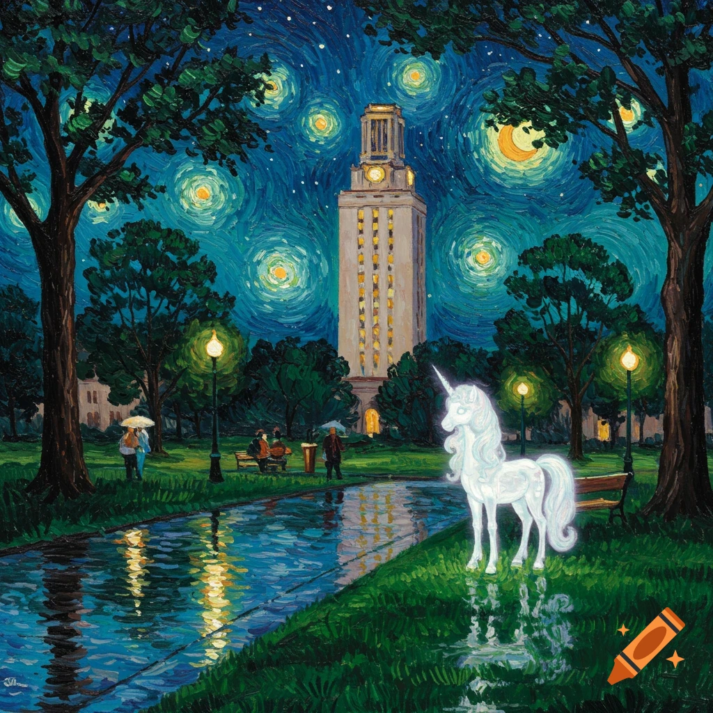 A white unicorn stands in a park by a reflective path, with the glowing UT Tower under a starry, swirling Van Gogh-style night sky.
