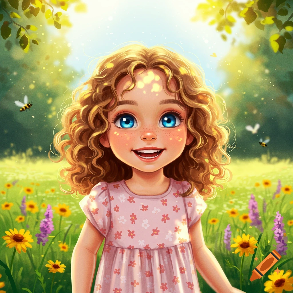 A cheerful cartoon girl with curly brown hair and blue eyes stands smiling in a sunlit field of yellow and purple flowers.