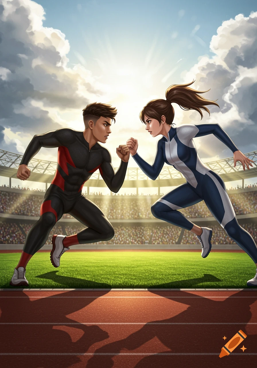 Digital illustration of a male and female athlete sprinting on a track in a stadium with a bright sky.