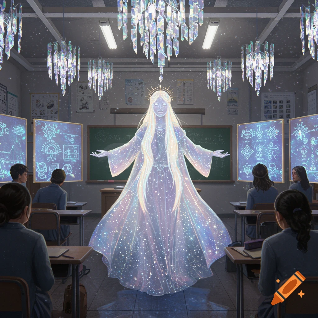 An ethereal, glowing goddess-like figure with long white hair stands at the front of a school classroom, surrounded by students, glowing diagrams, and crystal chandeliers.