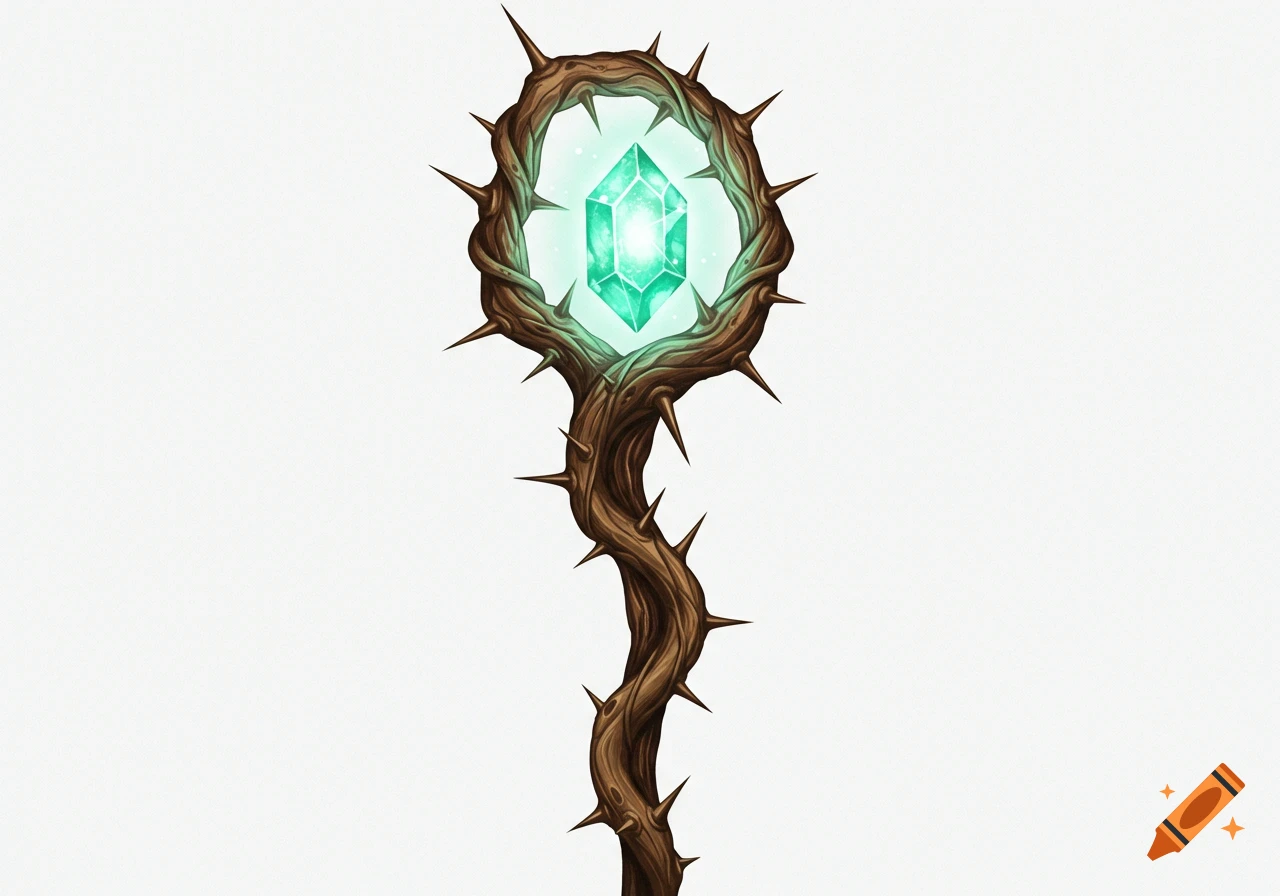 A fantasy staff with a thorny vine handle and a glowing greenish-blue hexagonal gem at the top, on a white background.
