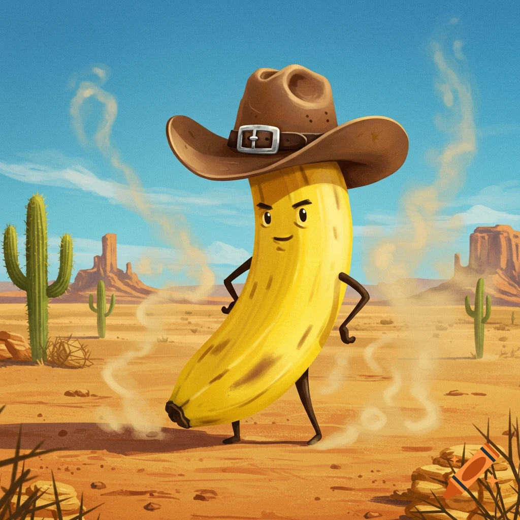 A cartoon banana wearing a cowboy hat stands in a dusty desert landscape with cactuses and mesas.