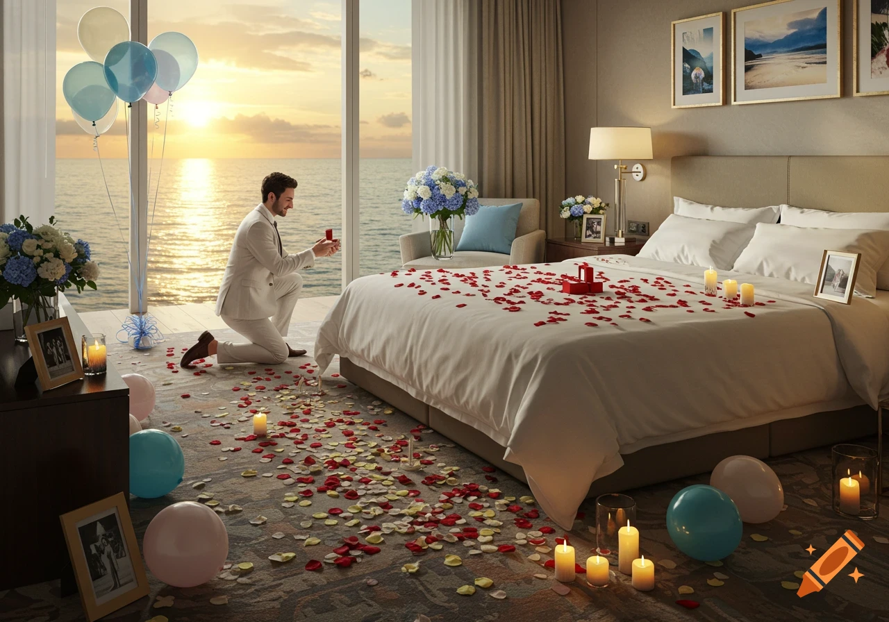 Man kneels in a luxury ocean view hotel room decorated with rose petals, balloons, and candles, holding an engagement ring during sunset.