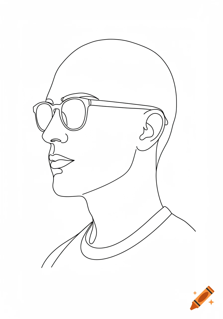 Single line drawing of a bald person wearing glasses, in profile.