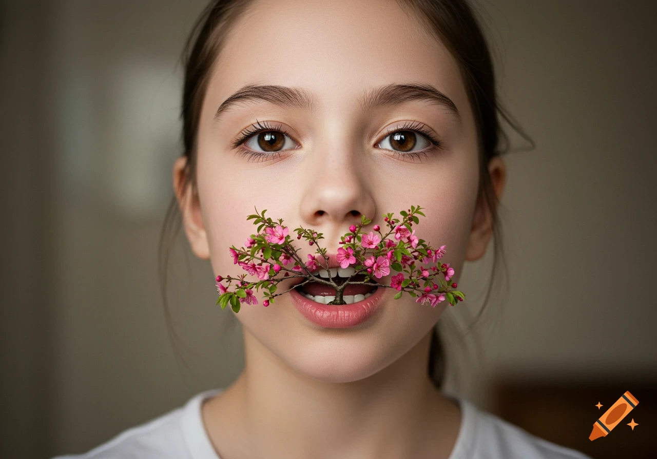 A photorealistic close-up portrait of a young girl with a small flowering plum tree growing from her open mouth.
