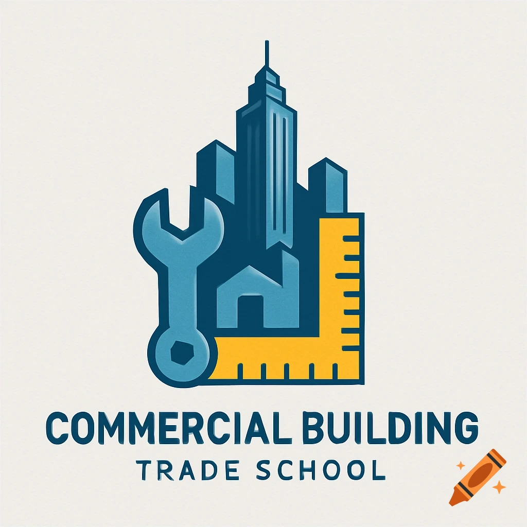 A logo featuring blue stylized buildings, a large light blue wrench, and a yellow ruler, with text 'COMMERCIAL BUILDING TRADE SCHOOL'.