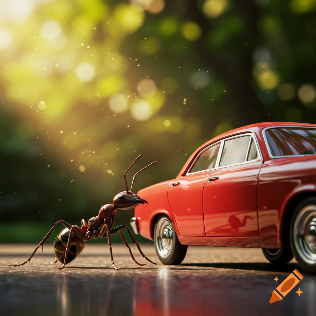 A giant ant stands next to a miniature red car on a wet surface with dappled sunlight on blurred green foliage.