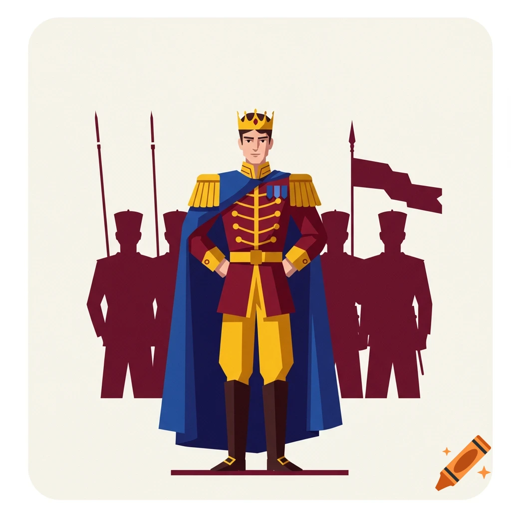 A stylized illustration of a prince in a regal red and gold uniform with a blue cape and crown, standing in front of an army of silhouetted soldiers.