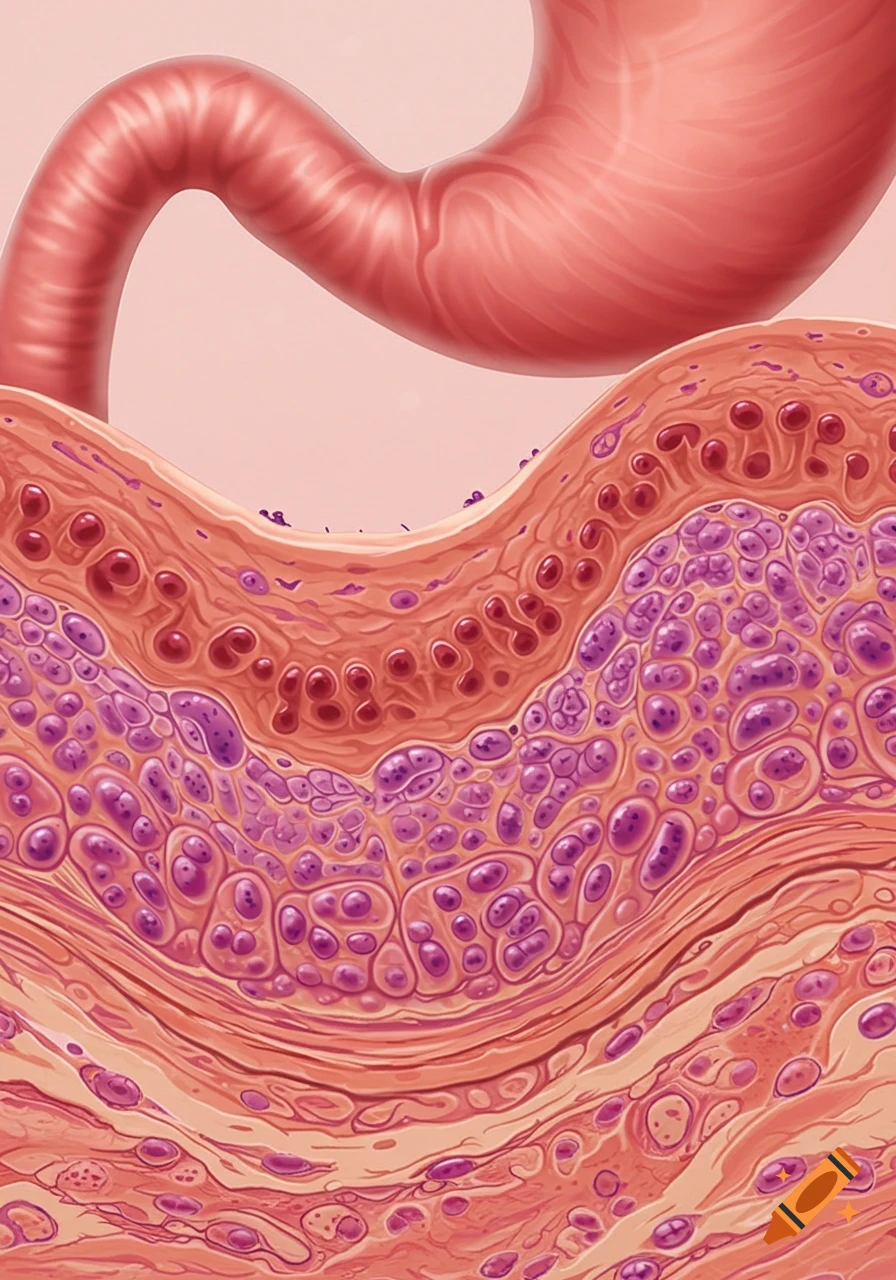 Close-up illustration of stomach tissue histology with layers of cells and a portion of the stomach organ above.