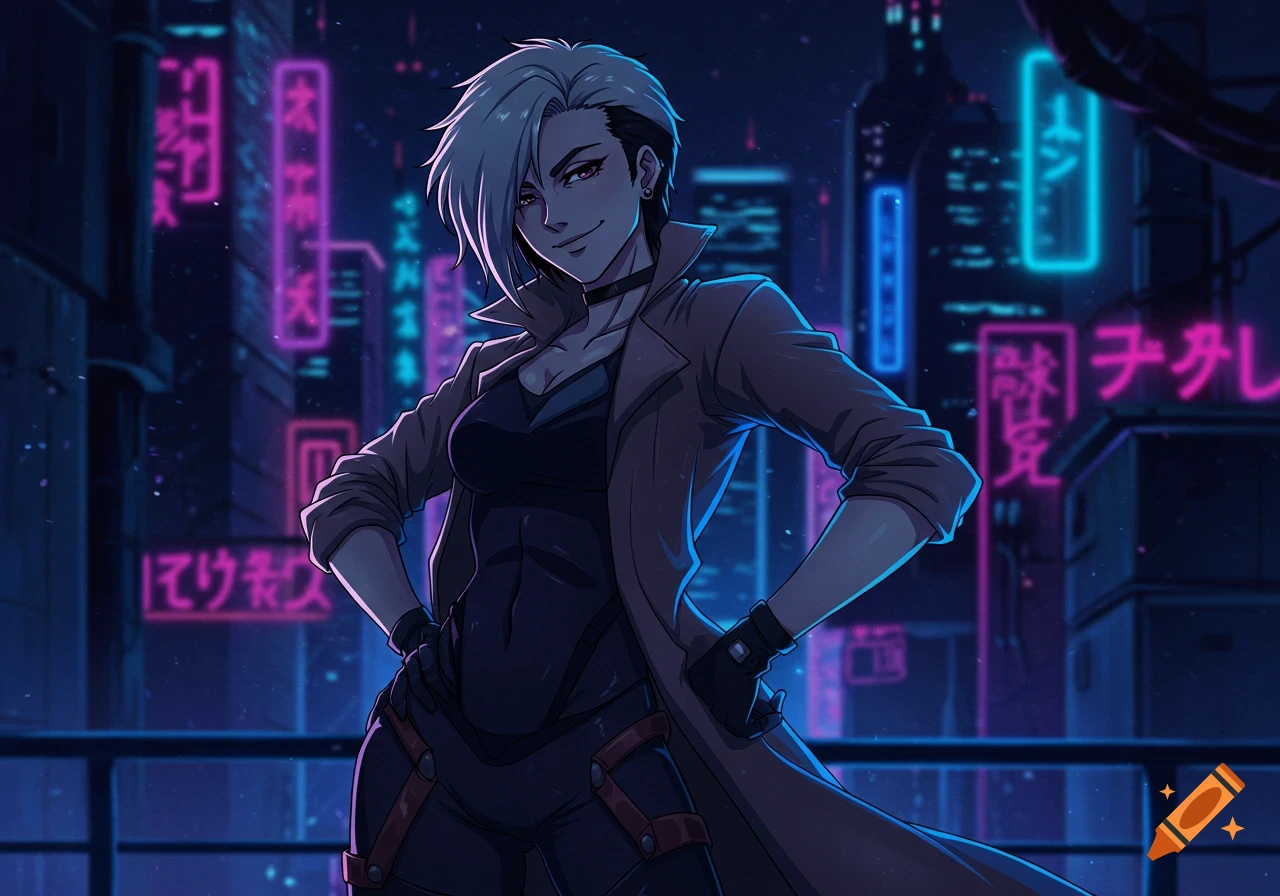 An anime character with short white hair and a trench coat stands in a cyberpunk city with neon signs.