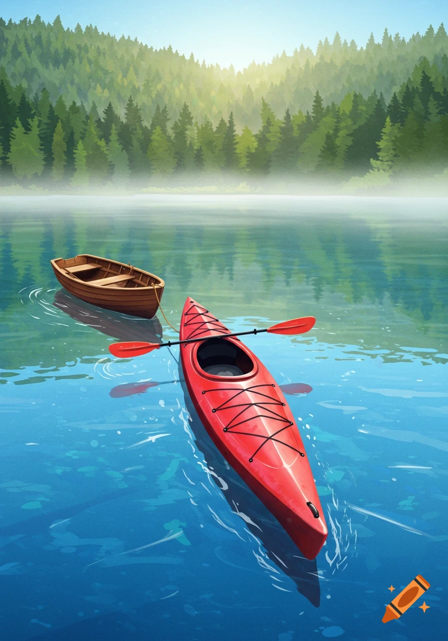 A red kayak and a wooden rowboat on a calm blue lake with a misty forest in the background under a bright sky.