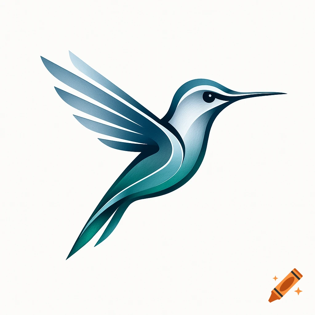 A stylized hummingbird logo in shades of blue and teal against a white background.