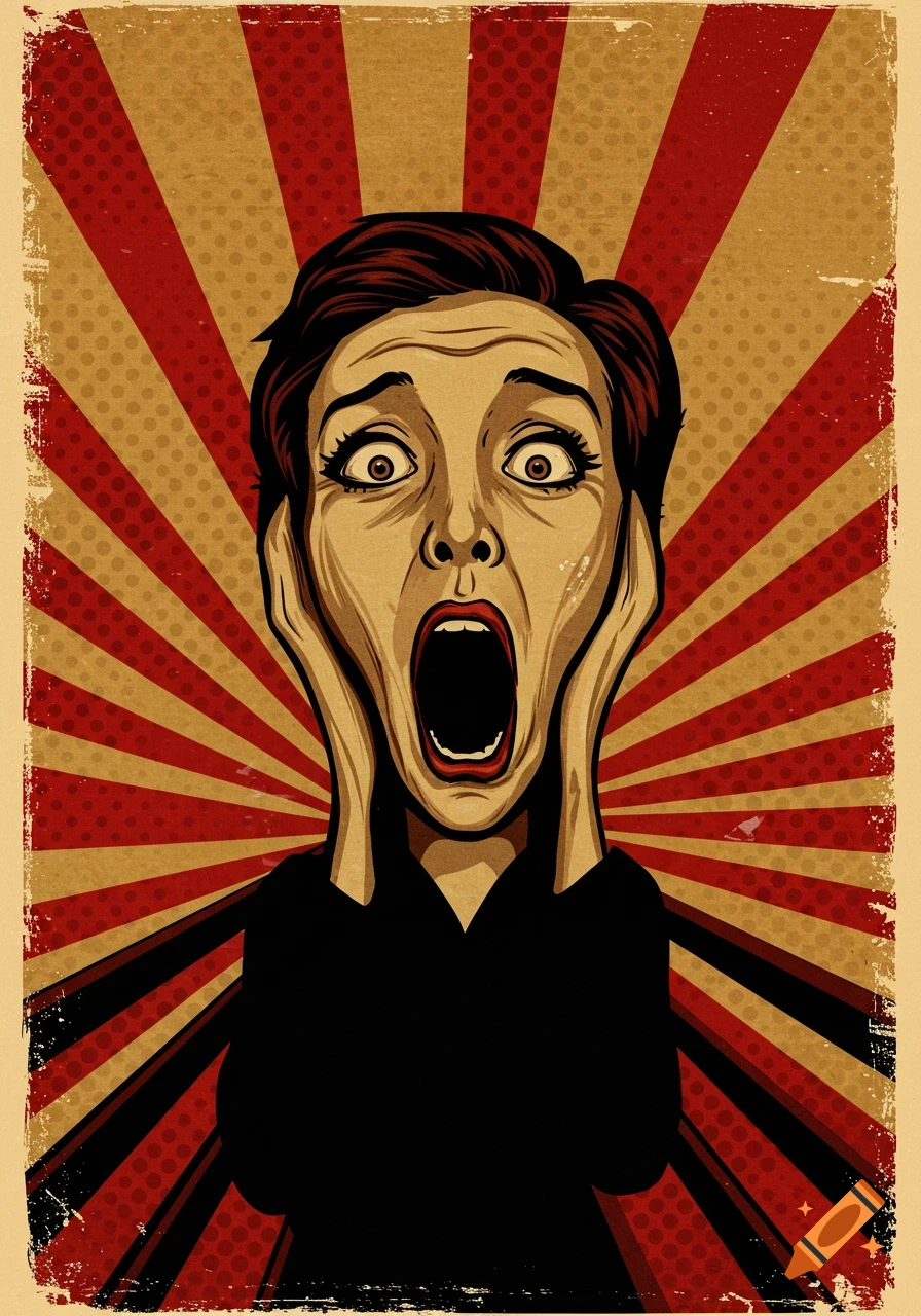 A vintage pop art illustration of a person screaming with hands on their head, against a background of red and tan radial stripes.
