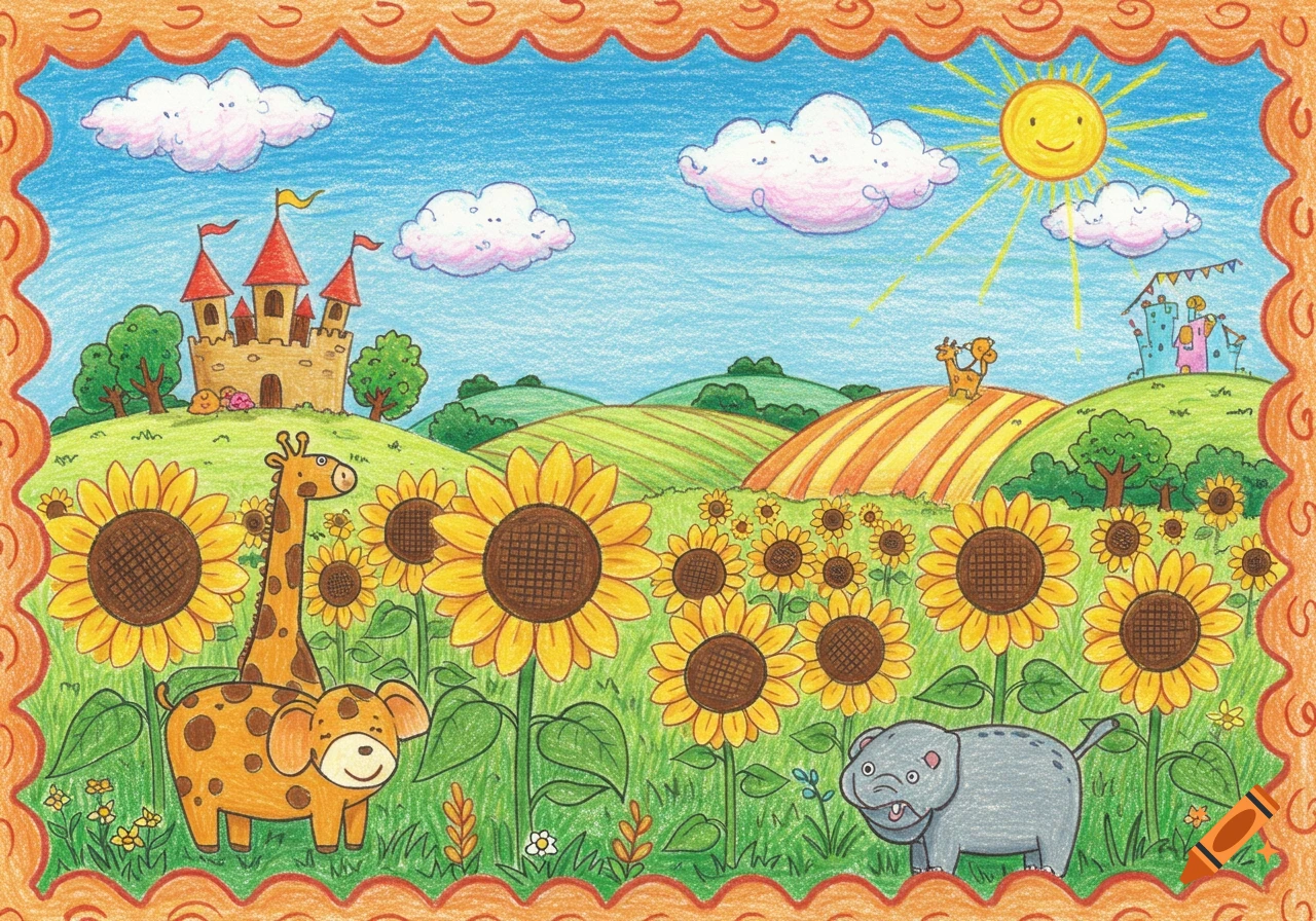 Colorful crayon drawing of a vibrant landscape with a castle, sunflowers, a giraffe, a dog-like creature, and an elephant.