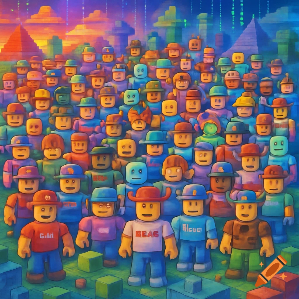 A crowd of colorful, blocky Roblox-style characters in a pixelated landscape with pyramids and block structures.