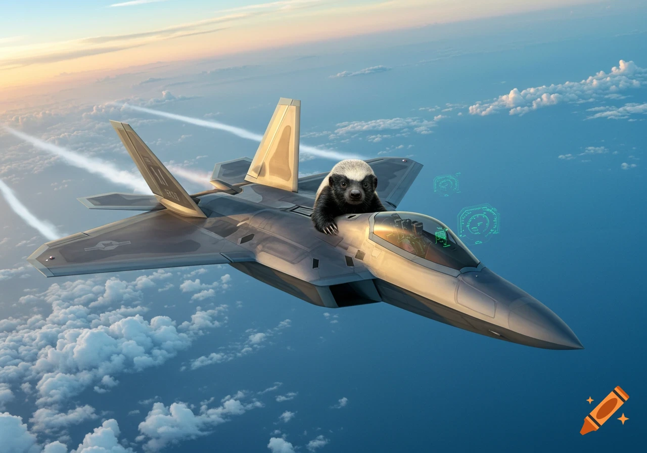 A photorealistic image of a honey badger piloting an F-22 Raptor jet high in the blue sky above clouds.