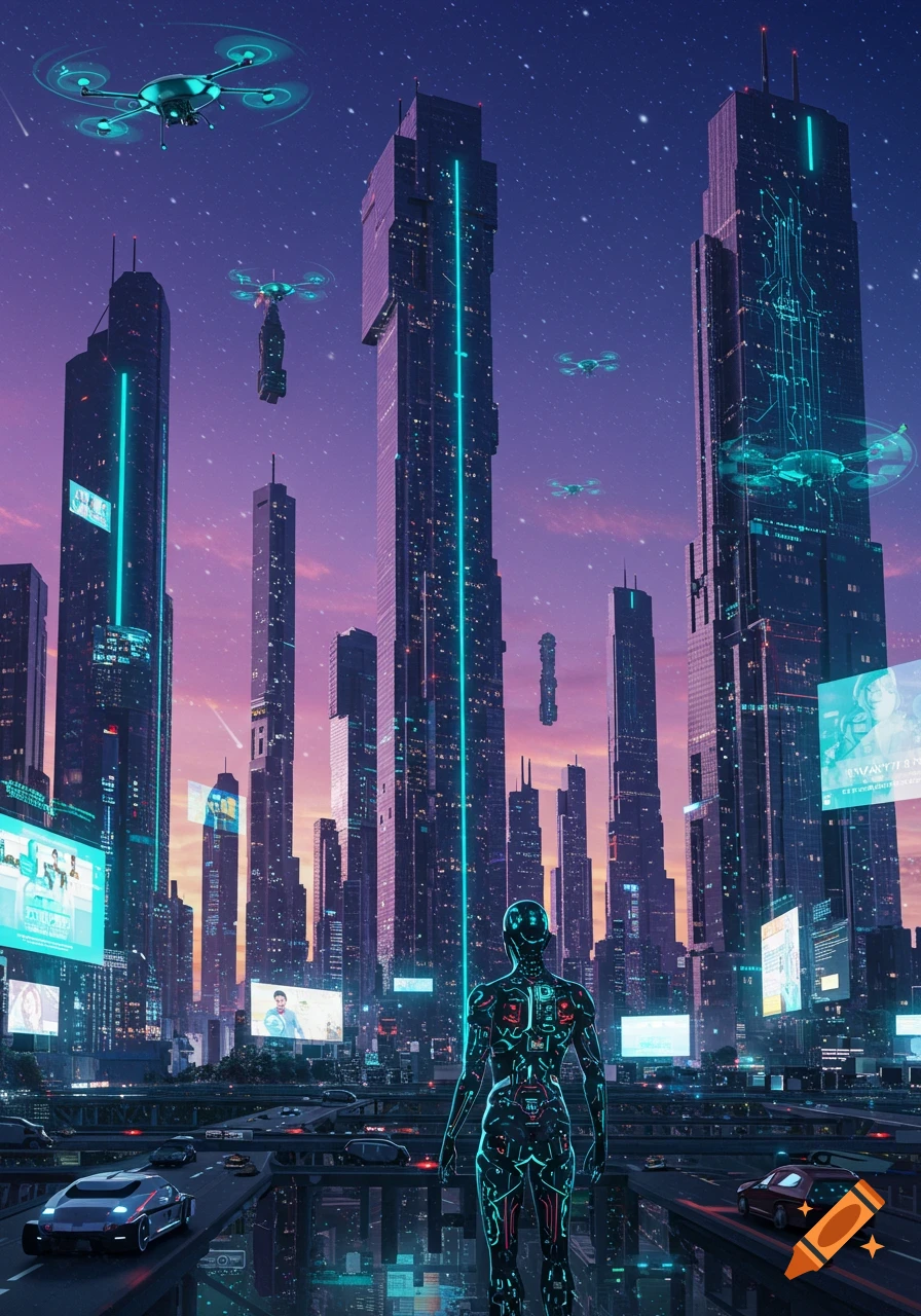 A cyborg stands in a neon-lit futuristic city with towering skyscrapers, flying drones, and advanced vehicles under a starry sky.