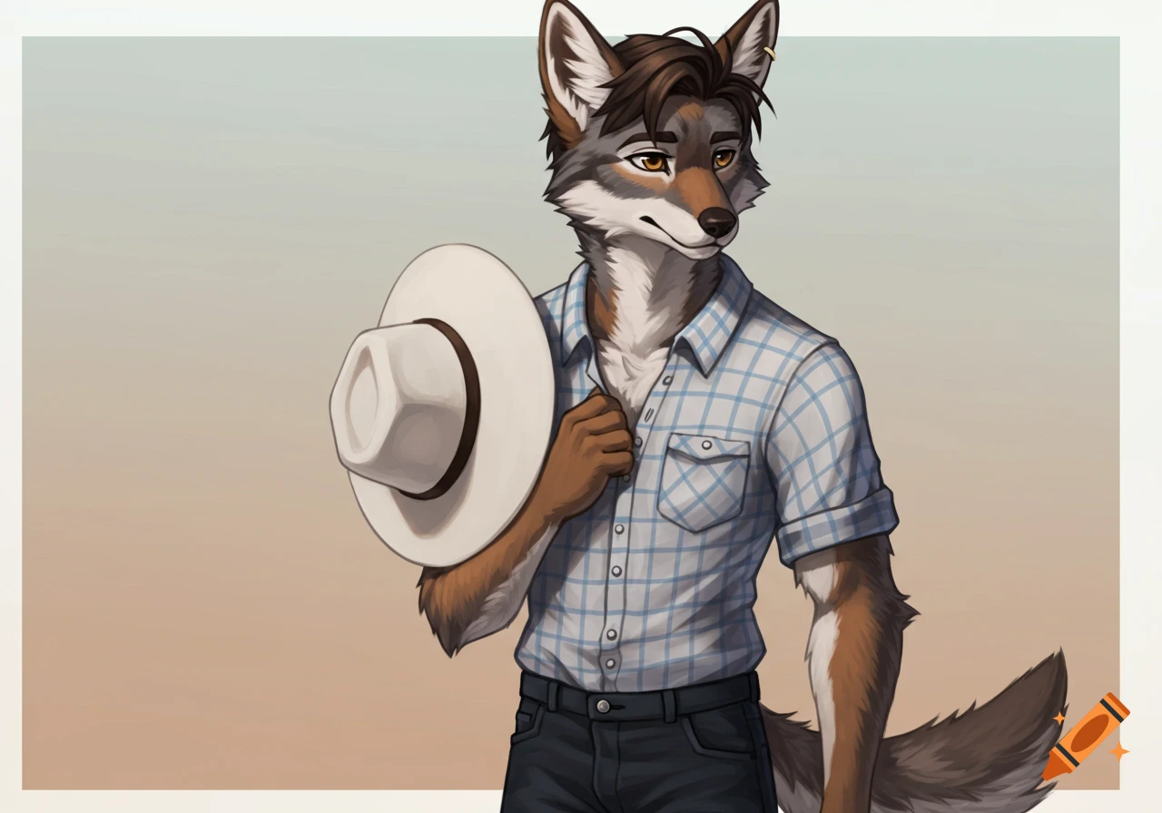 An anthropomorphic prairie coyote, Atticus Freed, wearing a blue and white plaid shirt and holding a white cowboy hat.
