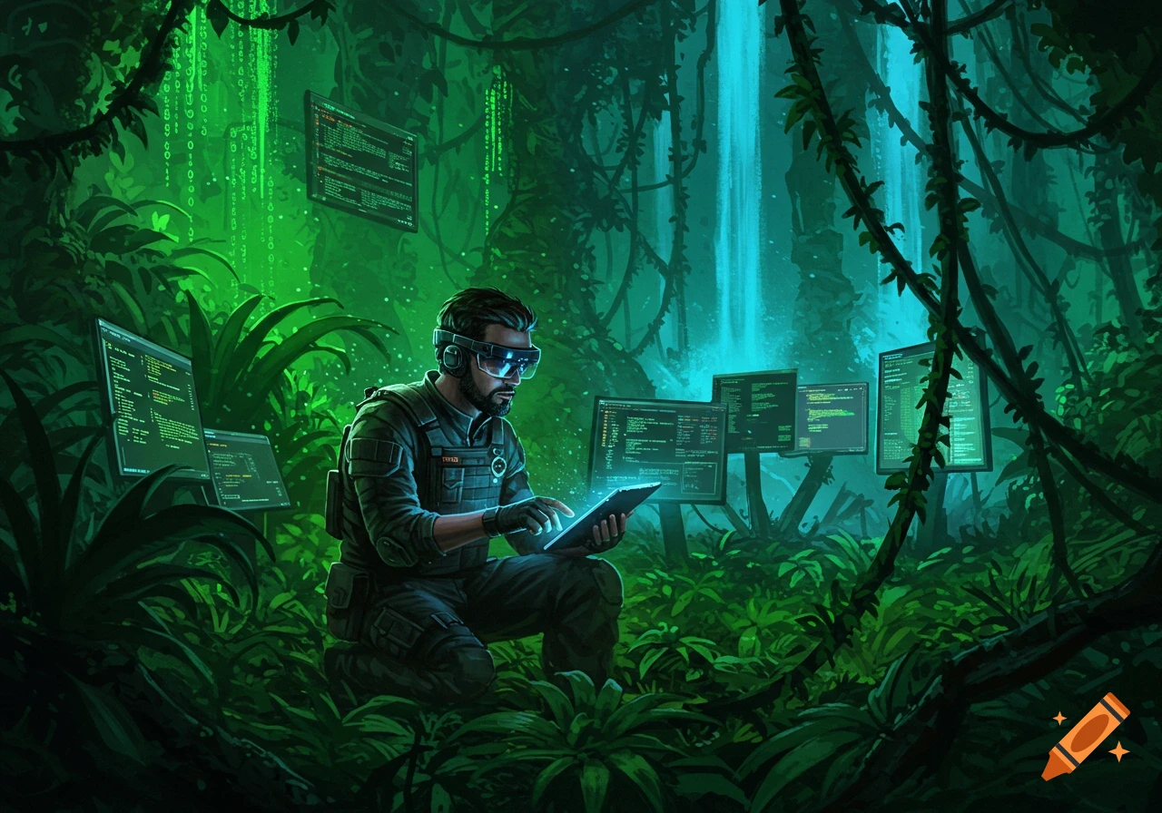 A programmer in VR goggles uses a tablet in a lush jungle with glowing screens of code and a blue waterfall, in a digital art style.
