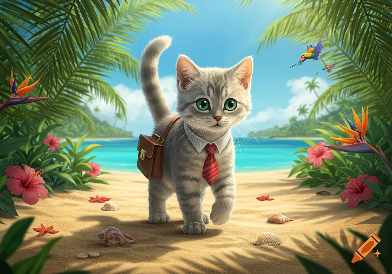 A cute gray tabby kitten wearing a white shirt and red tie with a brown briefcase walks on a sunny tropical beach.