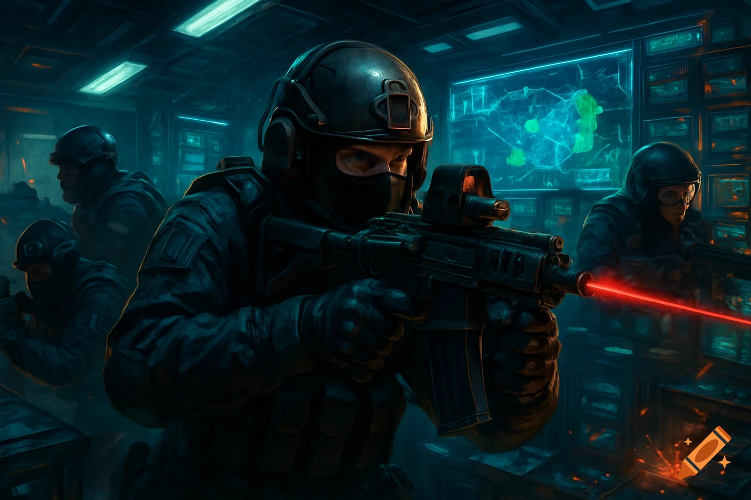 A photorealistic image of armored soldiers with rifles in a dark, tactical control room with glowing screens.