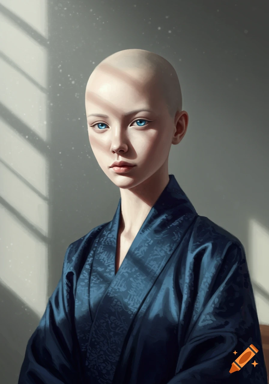A young woman with a shaved head, pale skin, and striking blue eyes, wearing a dark blue traditional patterned robe.
