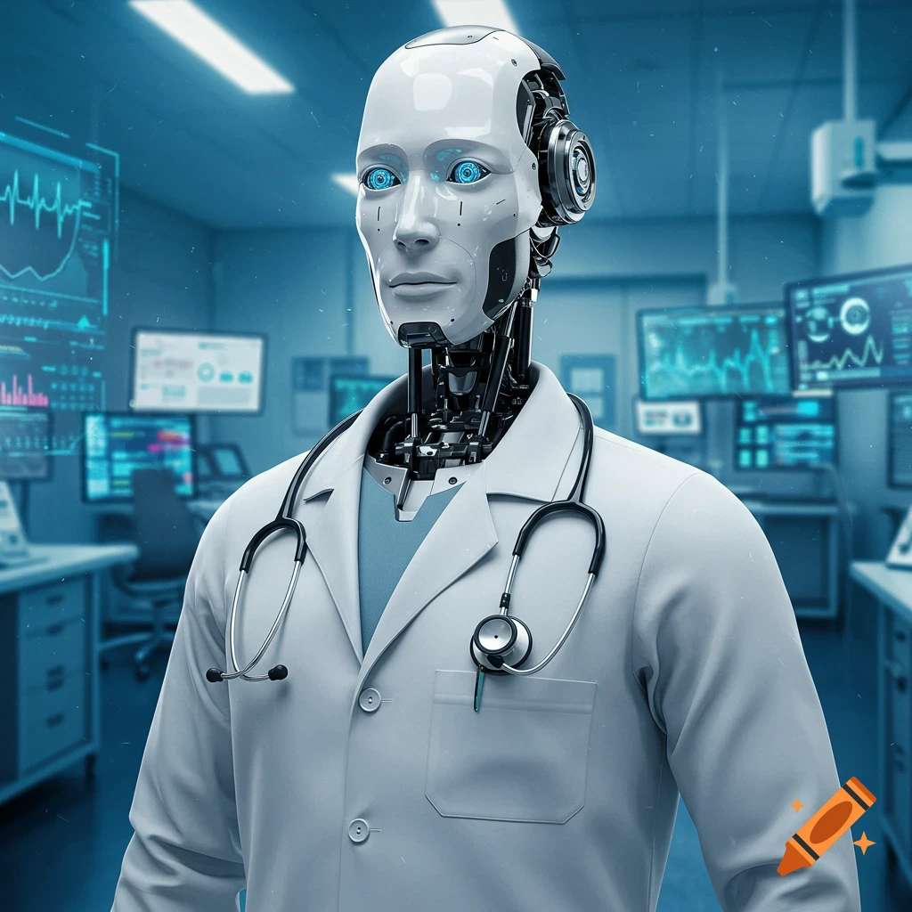 A photorealistic humanoid robot in a white lab coat and stethoscope stands in a futuristic medical lab with glowing screens.