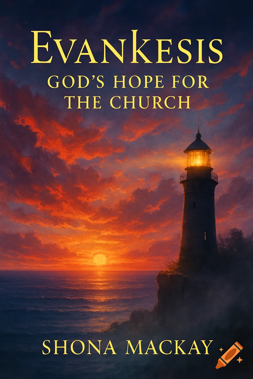 A book cover depicting a lighthouse on a cliff overlooking an ocean sunset with orange and purple clouds.