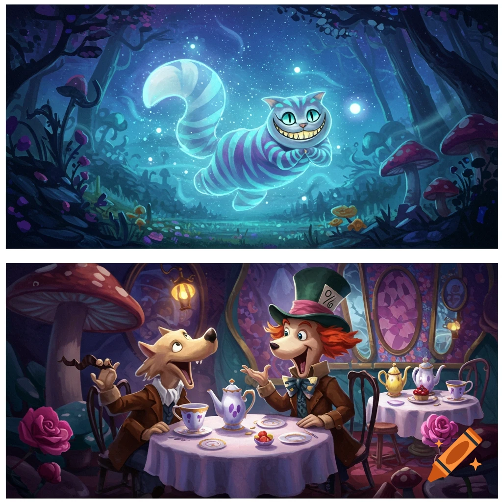 A split image featuring a glowing Cheshire Cat in a fantastical forest above a wolf and a Mad Hatter-like character at a whimsical tea party.
