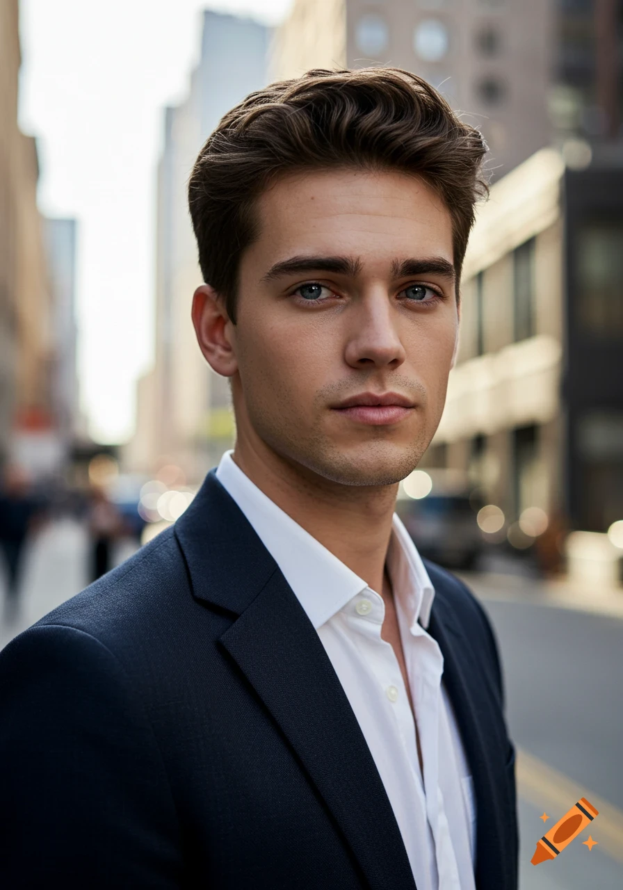 A handsome man with dark wavy hair and blue eyes, wearing a dark suit and white shirt, stands on a city street.