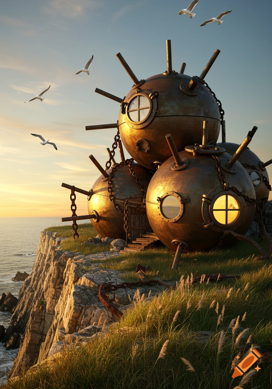 A photorealistic image of a house built from sea mines on a grassy cliff overlooking the ocean at sunset with seagulls flying overhead.