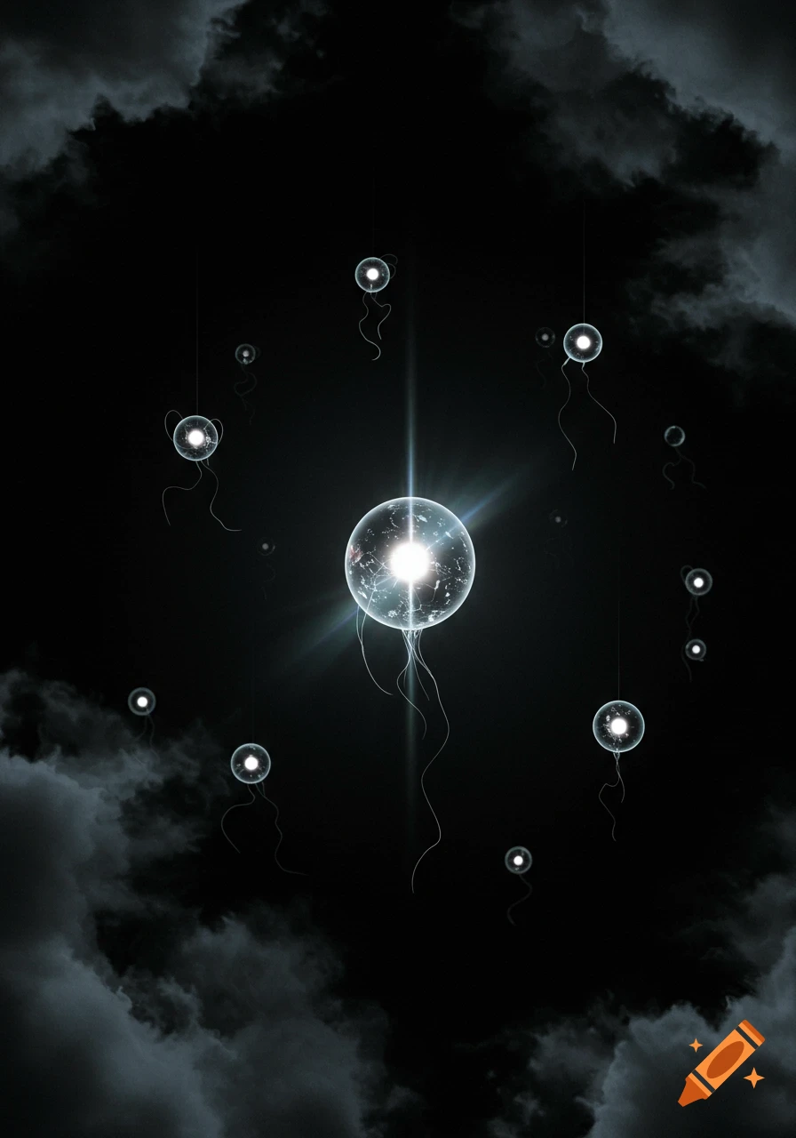 Glowing translucent orbs with tendrils float in a dark, cloudy, abstract void.