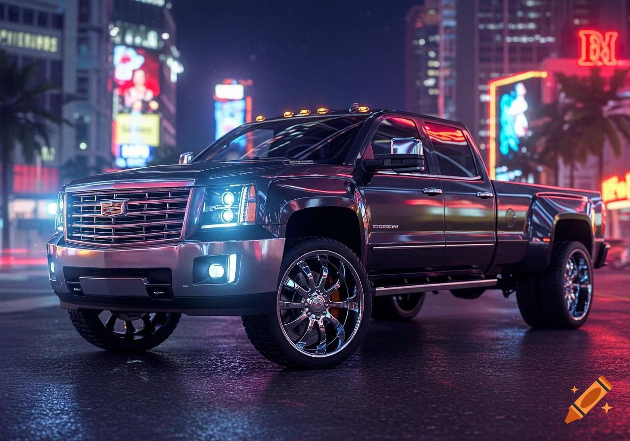 A black Cadillac dually pickup truck with chrome wheels is parked on a wet street at night, illuminated by bright headlights and neon city lights.