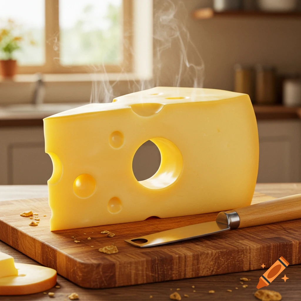 A large wedge of Swiss cheese on a wooden cutting board with a cheese knife, steam rising, in a kitchen setting.