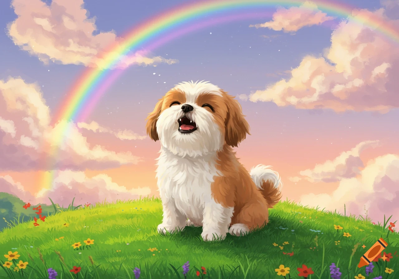 A cute Shih Tzu dog sits in a green field with colorful flowers, barking happily under a bright rainbow and fluffy clouds in a pastel sky.