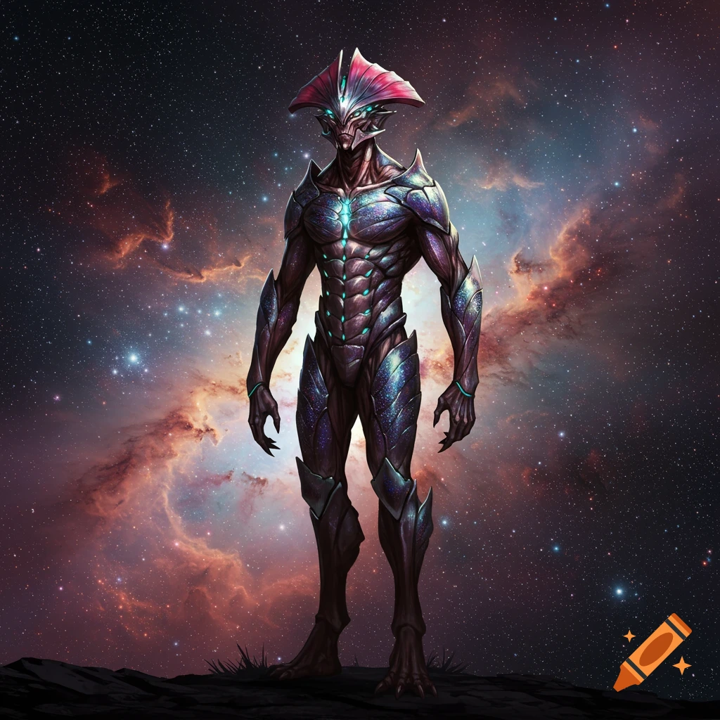 An armored alien creature with a head crest and glowing patterns on its body stands against a cosmic background of stars and nebulae.