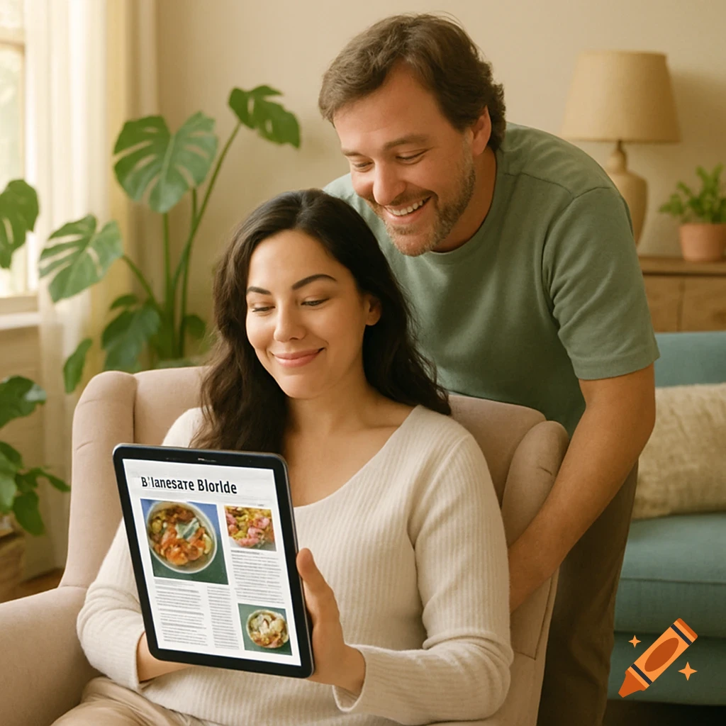 A smiling man looks over a smiling woman's shoulder as she sits in a chair, viewing a tablet displaying a cooking article in a bright living room.