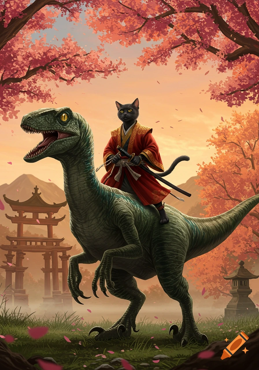 A black cat dressed as a samurai rides a velociraptor through a Japanese landscape with cherry blossoms and a torii gate.