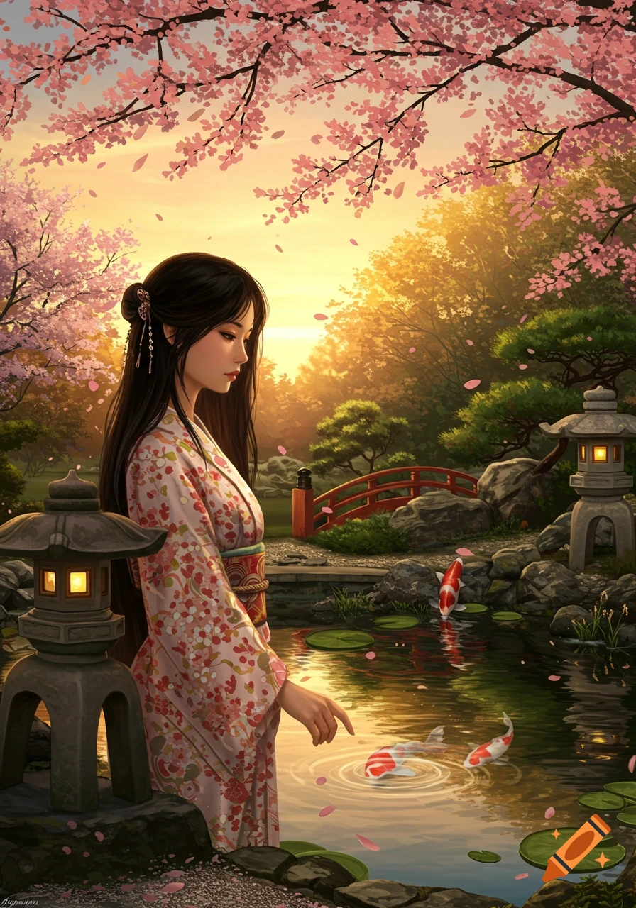 A serene digital painting of an Asian woman in a floral kimono by a koi pond with cherry blossoms under a golden sky.