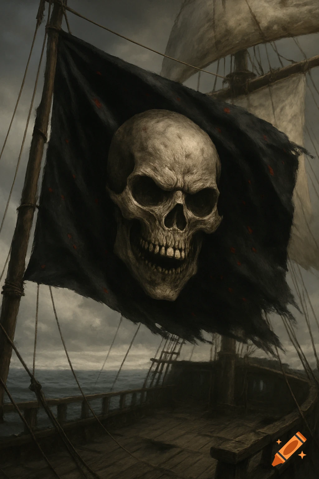 A detailed, tattered black pirate flag with a grinning skull, flying from a ship's mast under a cloudy sky.