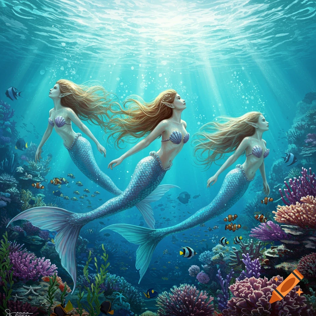 Three mermaids with long blonde hair swim through a vibrant coral reef, bathed in sunlight from the water's surface.