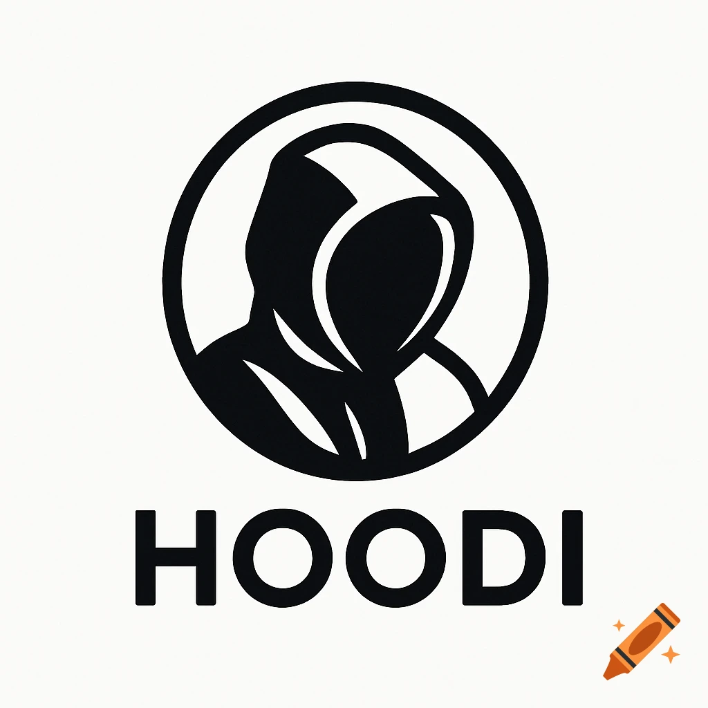 Black and white minimalist logo featuring a hooded figure inside a circle, with the word 'HOODI' below.