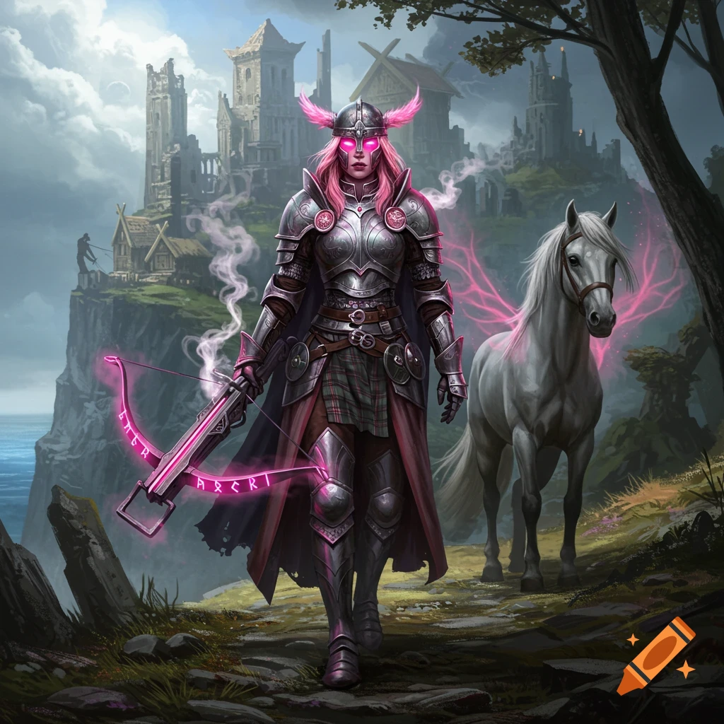 A female fantasy warrior in glowing pink armor, holding a crossbow with glowing runes, stands with a white horse in front of a ruined castle.