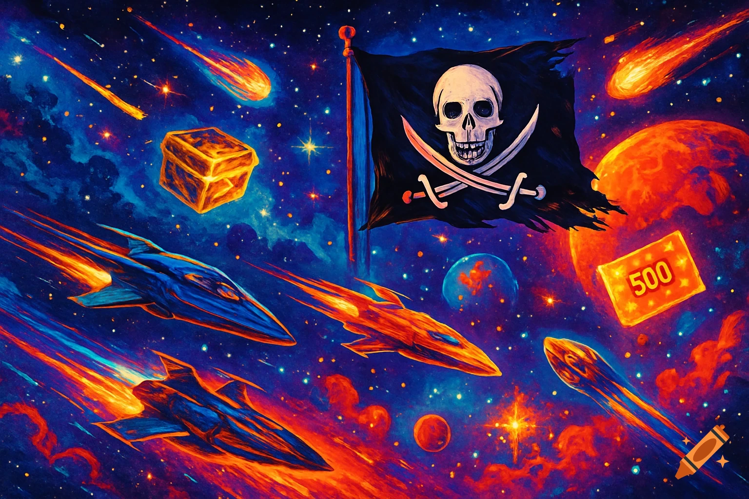 A vibrant, stylized painting of a space scene with blue and orange hues, featuring a large pirate flag, multiple spaceships, planets, and meteors, with '500' on a gold rectangle.