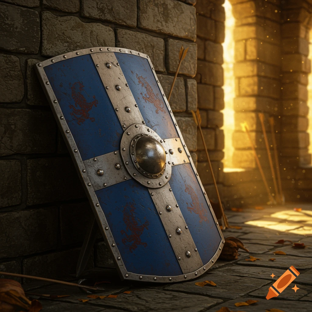 A blue and silver heater shield with red emblems leans against a stone wall, with arrows and sunlight streaming through an archway.