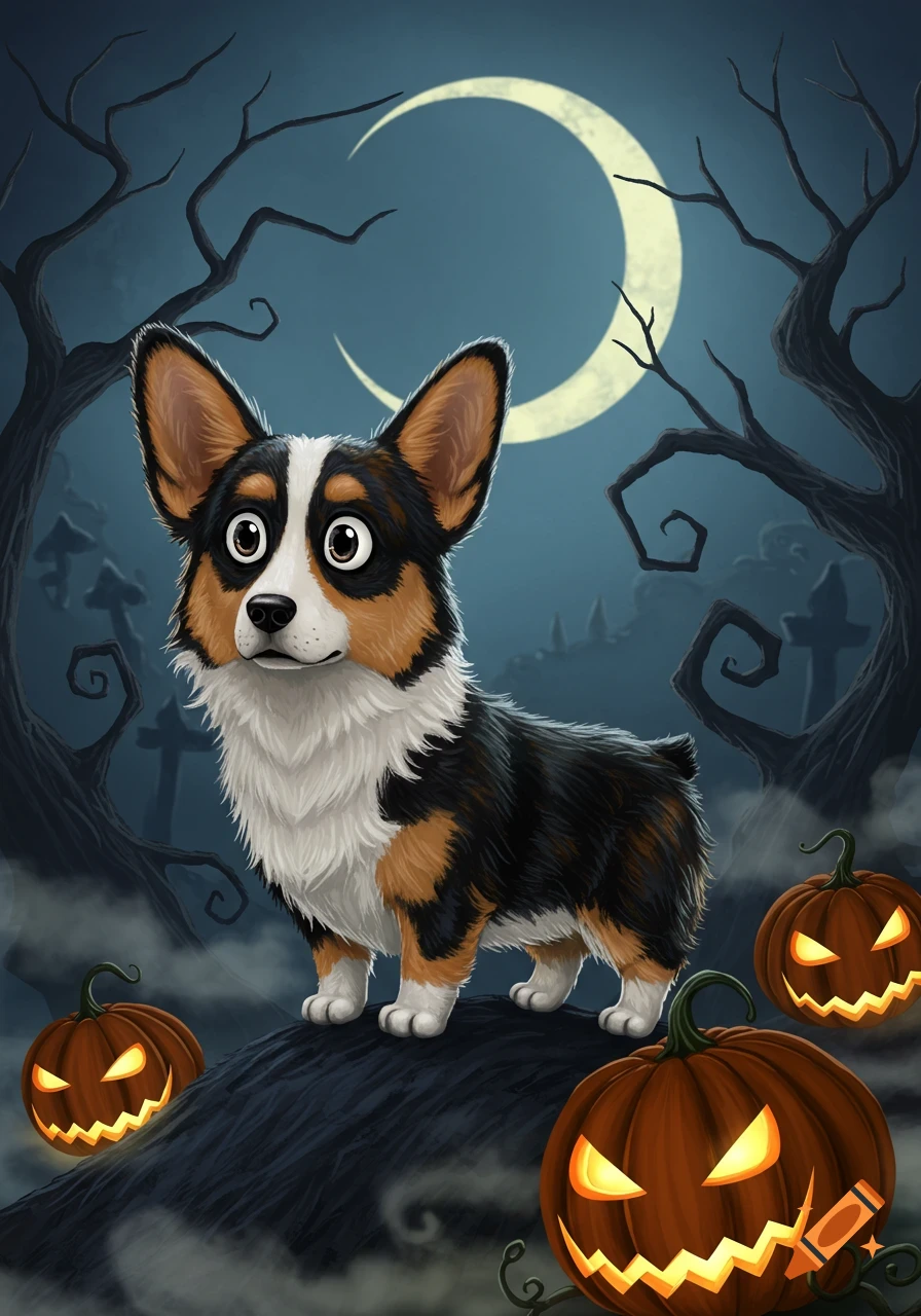 A cartoonish tricolor corgi stands on a hill with glowing jack-o'-lanterns under a crescent moon in a Tim Burton-esque Halloween night scene.